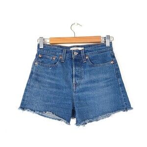 LEVI'S Wedgie Shorts with Cut Off Hem in Love Triangle Blue Rigid Denim 24
